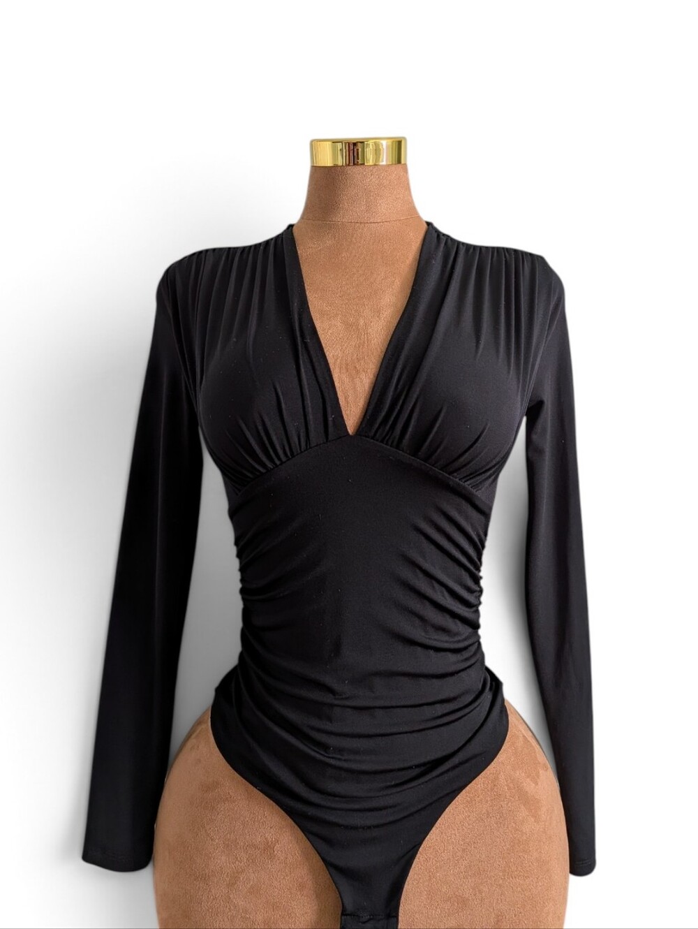 H&M Black V-Neck Long-Sleeve Ruched Thong Bodysuit